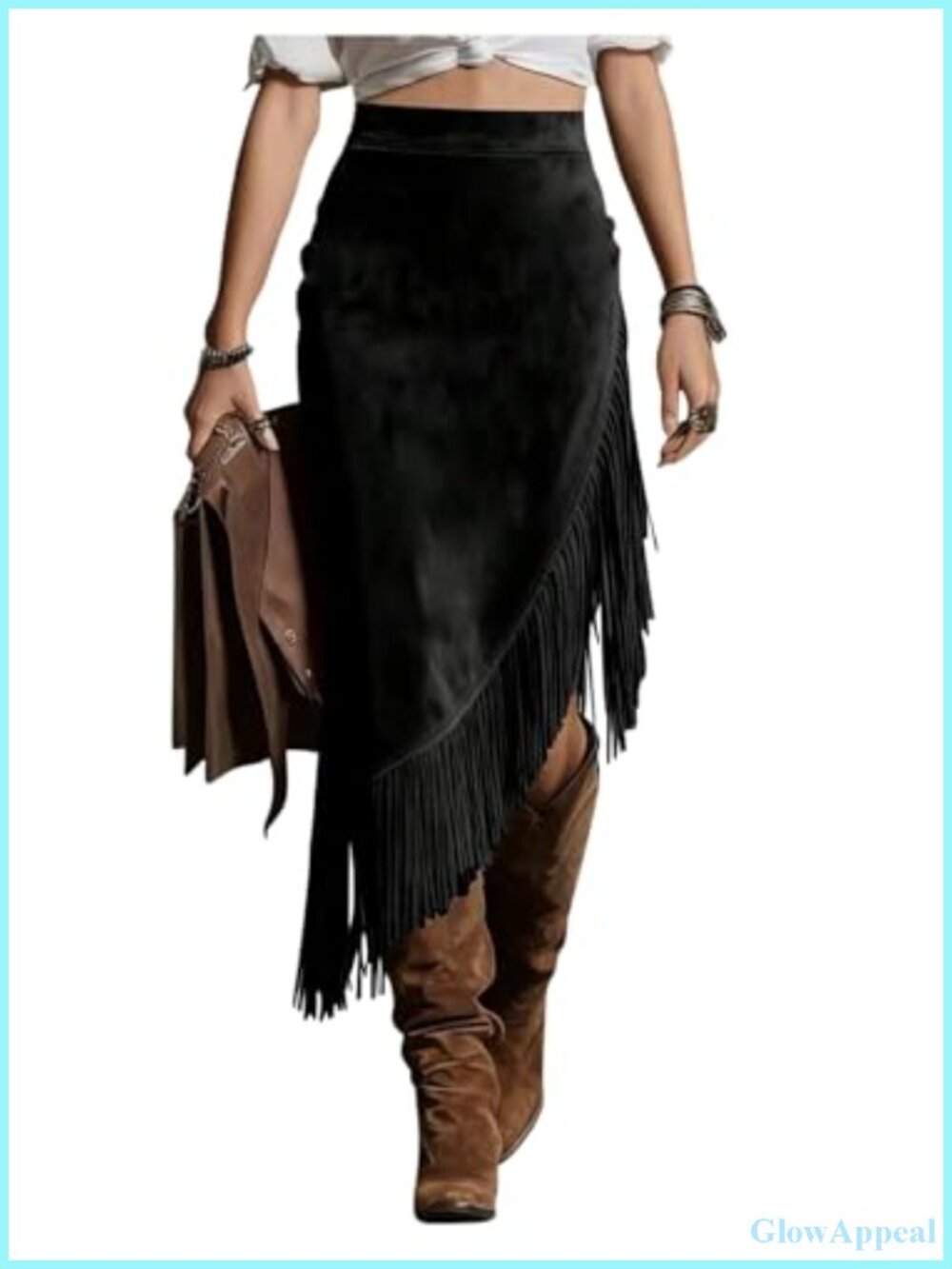 Faux Suede Fringe Asymmetrical Western Midi Concert Skirt